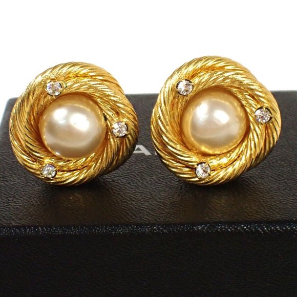 Auth CHANEL CC Round Button Earrings 29 Clip-On Rhinestone Imitation Pearl GD - Picture 1 of 8